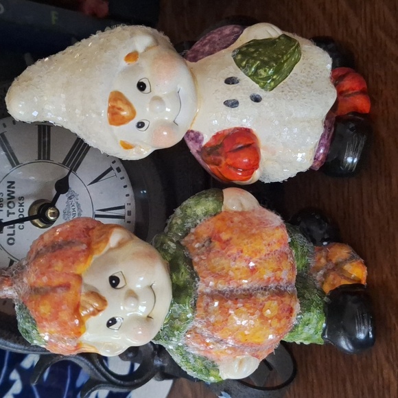 Vintage Porcelain Halloween Boy in Pumpkin and Girl in Ghost Costume Figurines - Picture 1 of 8